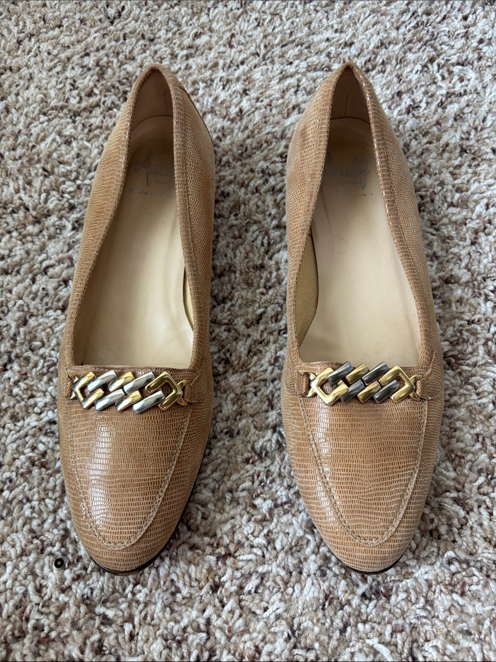 Amalfi Camel Brown Loafers with Gold & Silver Chain Detail